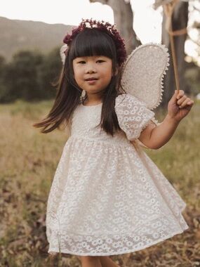 Nora Lee Luna Dress Soft Lace Puff-Sleeve Kids Dress - Cream